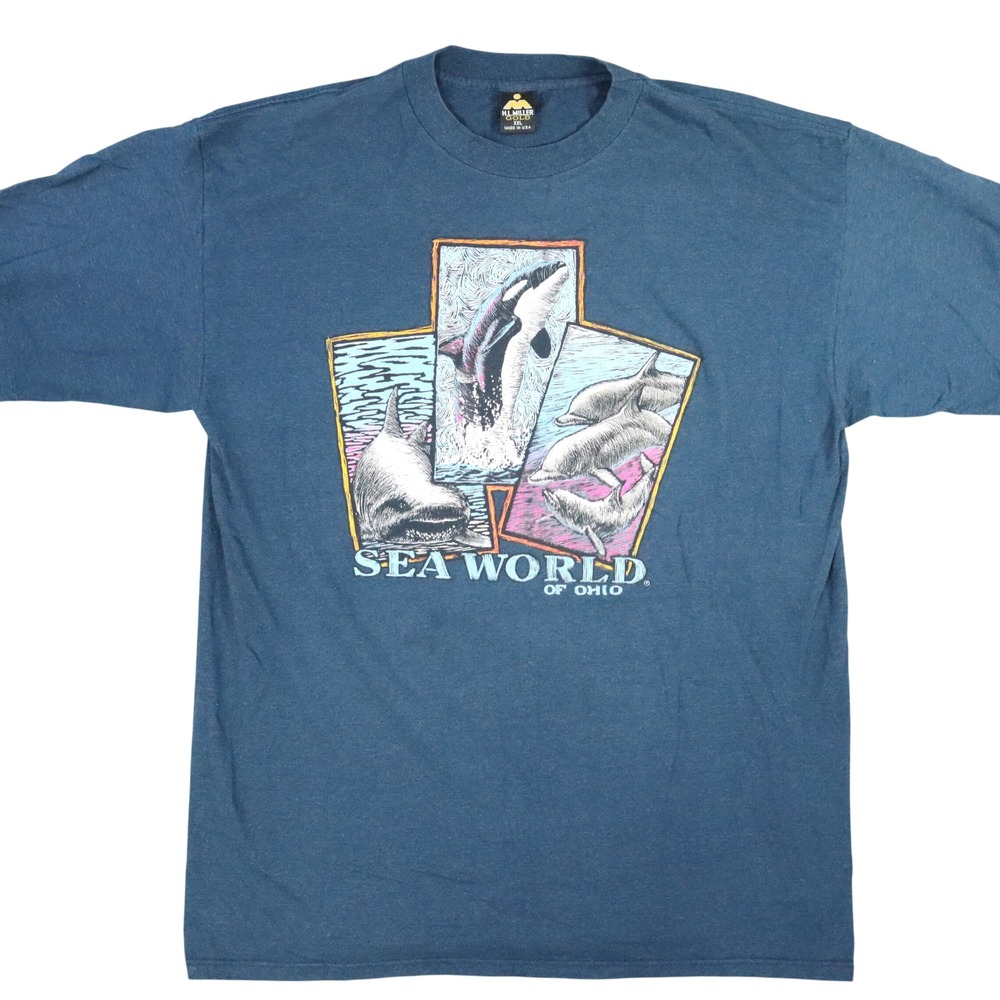 Sea World of Ohio T Shirt Vintage 90s Mens XXL Blue H.L. Miller Geauga Lake
